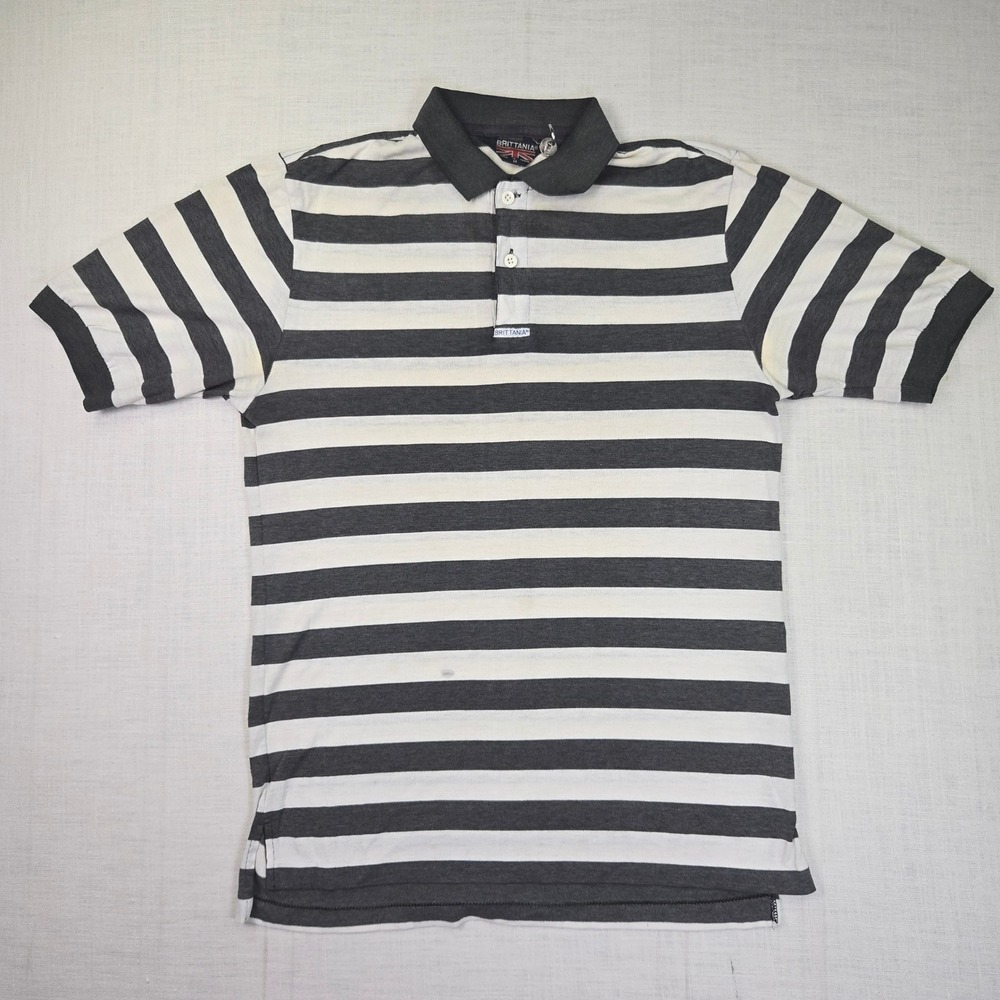 VTG Brittania Polo Shirt Black White Striped Men Size Medium Single Stitch Retro